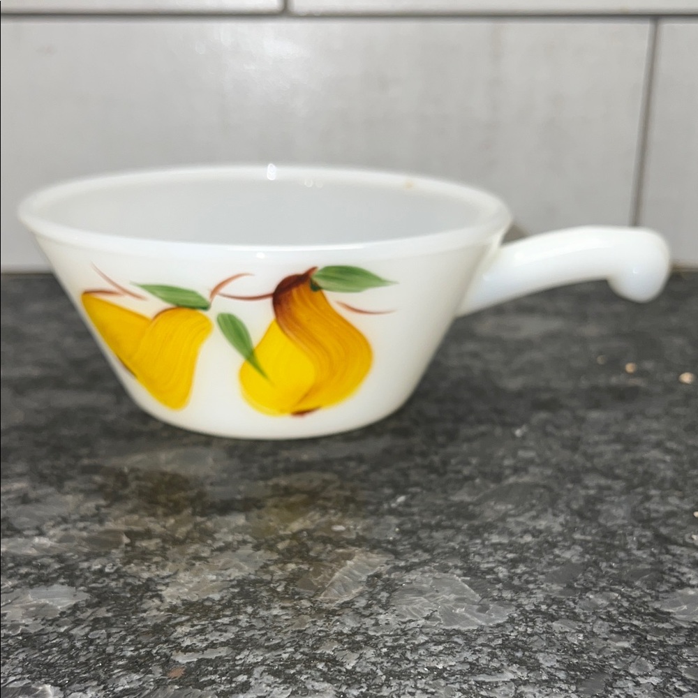 Vintage Fire-King Gay Fad Pear Milk Glass bowl with handle.